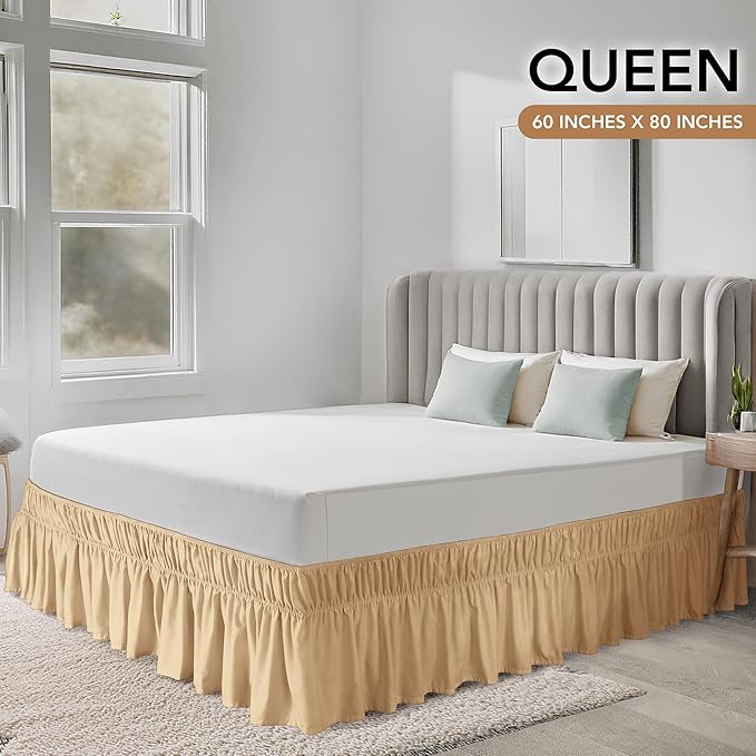 Utopia Bedding Queen Elastic Bed Ruffle - Easy Wrap Around Ruffle - Microfiber Bed Skirt with Adjustable Elastic Belt 16 Inch Tailored Drop - Hotel Quality Bedskirt, Fade Resistant (Queen, Beige)