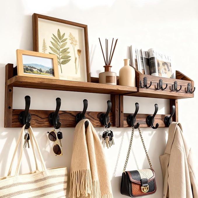 29" Wooden Wall Mounted Coat Rack with Shelf- 4-in-1 Entryway Organizer with 11 Hooks (7 Coat Hooks + 4 Key Hooks), Mail Holder & Display Shelf for Living Room, Bedroom (NOT Come Assembled)
