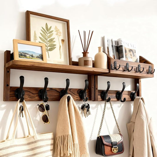 29" Wooden Wall Mounted Coat Rack with Shelf- 4-in-1 Entryway Organizer with 11 Hooks (7 Coat Hooks + 4 Key Hooks), Mail Holder & Display Shelf for Living Room, Bedroom (NOT Come Assembled)