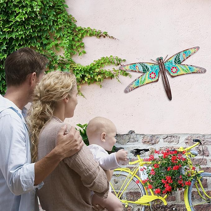 VCUTEKA Outdoor Metal Dragonfly Wall Decor Dragonfly Wall Sculpture Hanging Garden Wall Art Sculpture for Indoor Outdoor Patio Fence Decor Large
