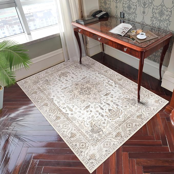 Fortsea Area Rug 5x7, Machine Washable Rugs for Bedroom, Large Non Slip Persian Rug for Bedroom Living Room Kitchen Entryway Bathroom Office Carpet Brown…