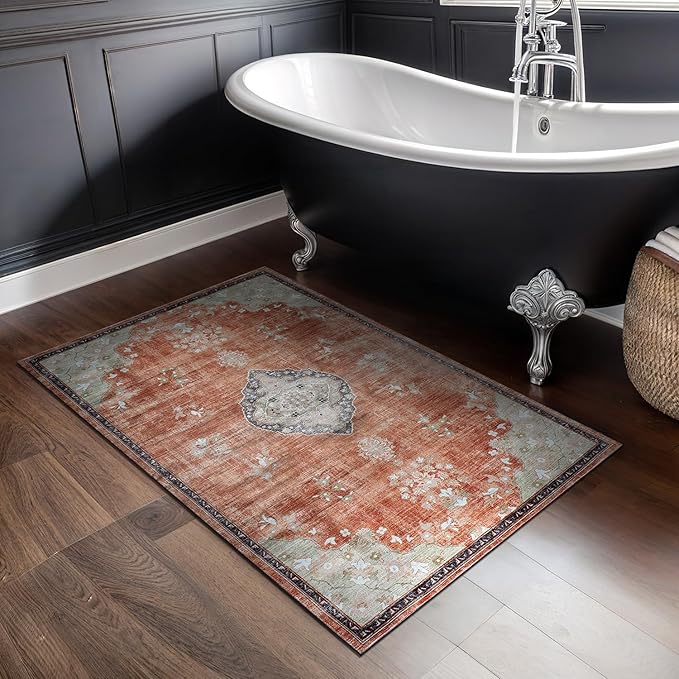 Beverly Rug Non Slip Rugs 2x3 Boho Medallion Floral Non Skid Rubber Backing Easy Silk Soft Entry Rug for Living Room Easy to Clean Non Shedding Kitchen Bedroom Indoor Carpet (2 x 3 Orange - Cream)