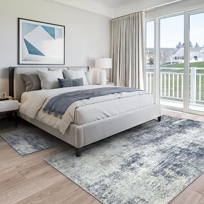 AREAMAY Washable Area Rug 5x7 - Neutral Modern Abstract Rugs, Soft Non Slip Thin Carpet with for Bedroom, Under Dining Room Table, Home, Office, Dorm, Office Rolling Chair - Indigo Gray