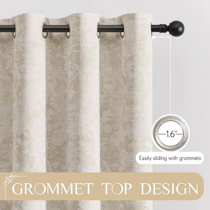 Beauoop Beige Floral Jacquard Blackout Curtains 63 Inches Long 2 Panels for Bedroom Living Room Taupe Flower Chenille Room Darkening Thermal Insulated Soundproof Grommet Window Treatments Drapes 52x63