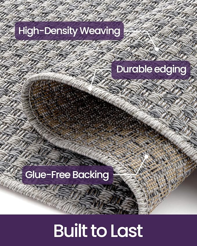 DEXI Hallway Runner Rug 3.3x6.7, Woven Braided Farmhouse Runner Carpet Indoor, Absorbent Thin Long Entryway Runners for Kitchen, Laundry Room, Patio Entrance, Checkered Grey