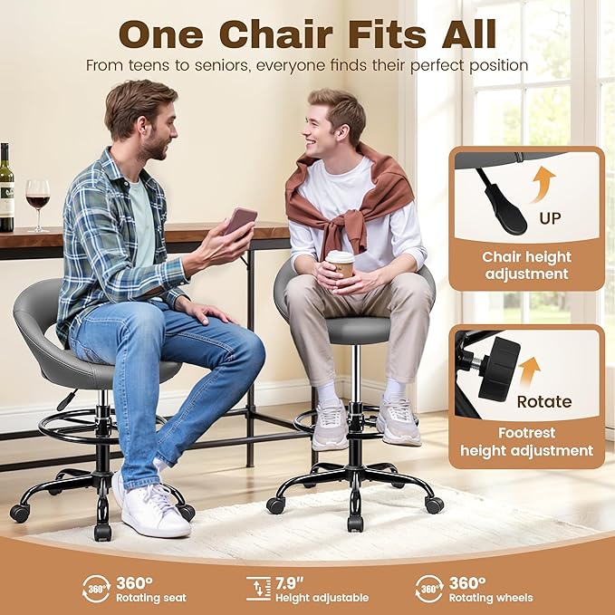 Drafting Chair for Standing Desk, Height Adjustable Rolling Stool with Backrest & Footrest, Tall 360° Swivel PU Leather Stool Chair with Wheels for Office, Gray