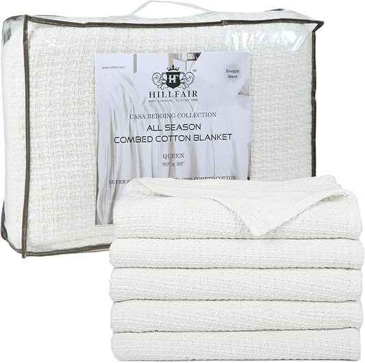 HILLFAIR 100% Cotton Blanket- 120" x 120" XXL Oversized King Bed Blankets - Family Size 10 ft x 10 ft Big - All Season Soft Cozy Breathable Blankets for Bed - Extra Large King Cotton Blanket- Ivory