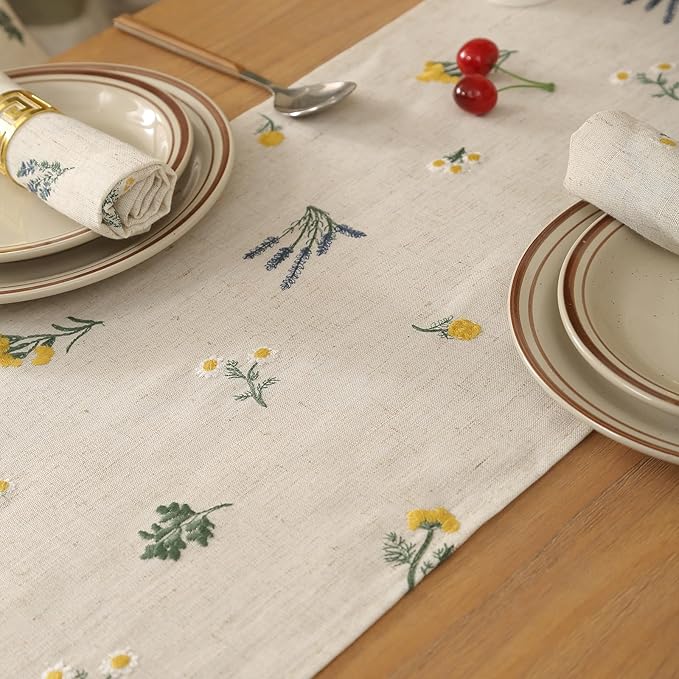 Linen Table Runner with TasselsSet of 1 Runner and 2 Placemats Boho Daisy Embroidered 12x72 Inches Flax Beige for Farmhouse Dining Table Buffet Nightstand Decor Home and Commercial Use
