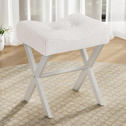 18-Inch Vanity Stool Chair, Vanity Bench with Metal X-Legs, Ottoman Accent Stool with Breathable and Soft Boucle Fabric Saddle Seat, White
