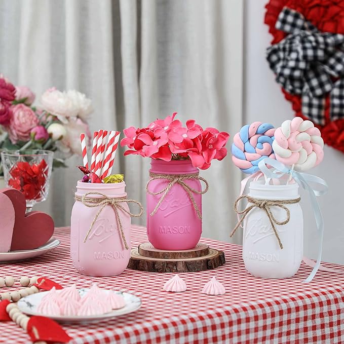Valentines Mason Jar Centerpiece for Table with Wood Tray, Pink Painted Decorative Mason Jars for Valentines Decorations Table Kitchen Decor, Mothers Day Mason Jar, Mom Gift for Women