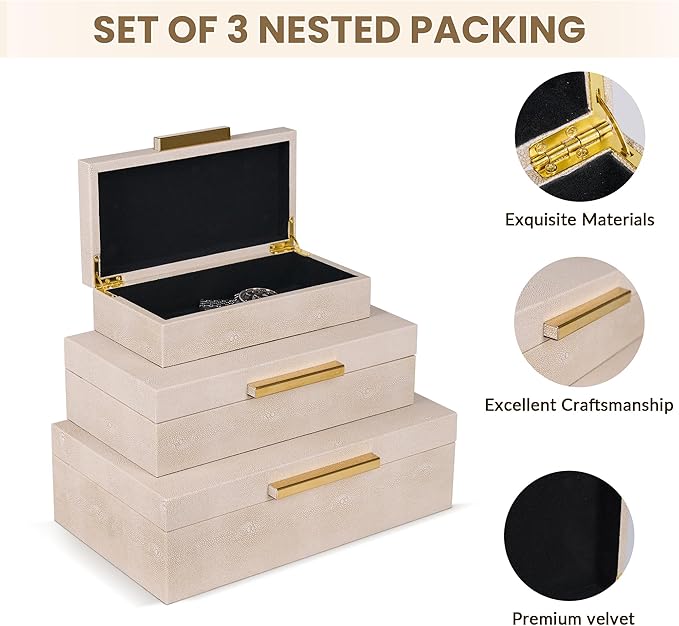 Hanna Roberts Ivory Shagreen Decorative Boxes Set of 3 Faux Leather Jewelry Boxes With Gold Metal Handles For Home Decor Womens Mens Jewelry Organizer
