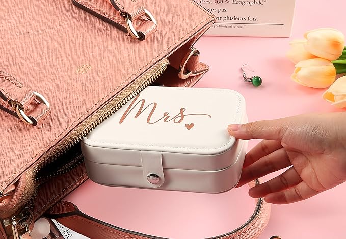 FYSIA Mrs Travel Jewelry Box Gift-Plush Velvet Trinkets Storage Organizer Case-Miss to Mrs Gift-Wedding Present for Bride-Bridal Shower Presents for Bride-Bachelorette Party Keepsake-Rose Golden