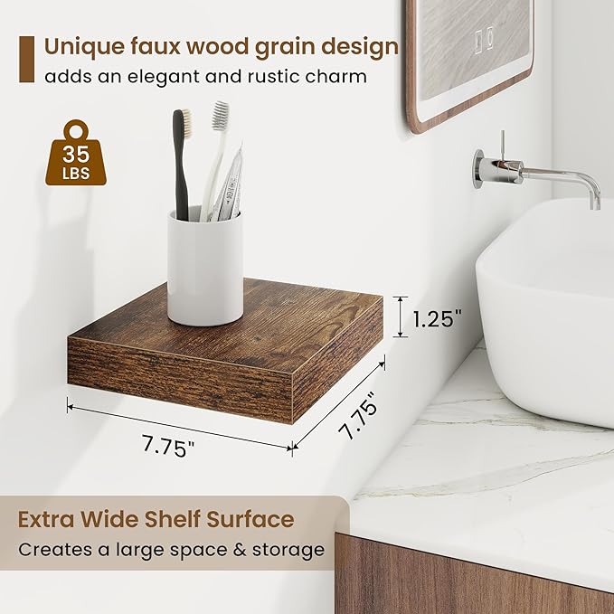 Square Floating Shelves for Wall, 8"W x 8"D x 1.25"H, 3 Pack Small Wall Mounted Engineered Wood Shelves with Invisible Brackets for Living Room, Bedroom, Bathroom, Kitchen Decor, Rustic Brown