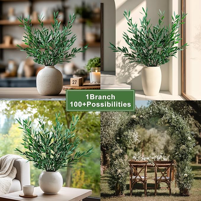 8PCS Premium Artificial Olive Branches for Vases - Realistic PU & Silk Faux Greenery Stems, 3 Sizes, Bendable Wire Stems, Low Maintenance Home/Office/Holiday Decor(No Vase