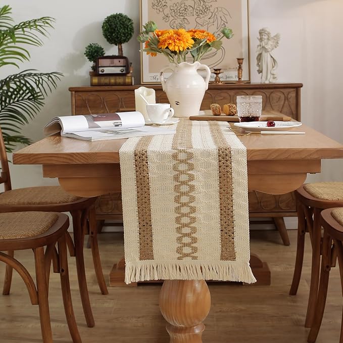 Niviy Boho Table Runner with Tassels 12 x 120 Inches Long, Cream & Brown Rustic Farmhouse Table Runner with Tassels for Home Kitchen Holiday Party and Wedding Decor Runner
