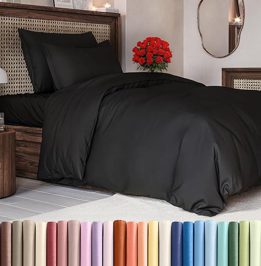 Duvet Cover Twin/Twin XL Size Set - Extra Soft Duvet Cover 68 x 90 with 1 Pillow Sham - Hotel Luxury, Easy Care and Fade Free with Zipper Closures & Ties - Comfy, Cozy Breathable Bedding Set (Black)