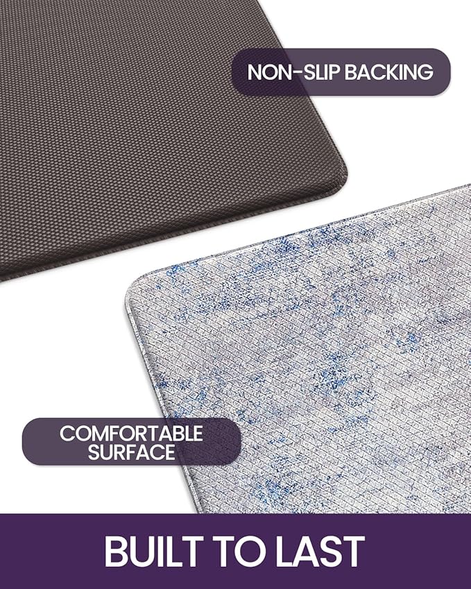 DEXI Kitchen Floor Mats Cushioned Anti Fatigue, 23x59 Long Wide Standing Comfort Runner Rug, Waterproof Retro Floral Memory Foam Padded for Front Sink Laundry, Blue