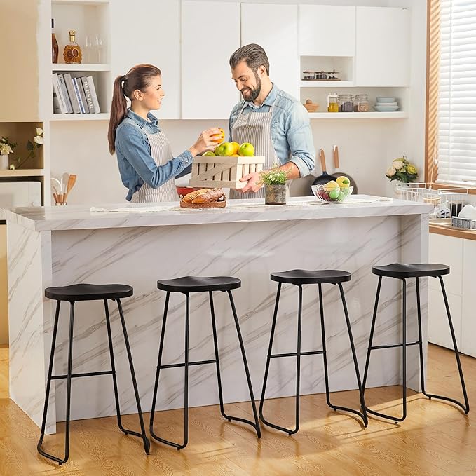 HeuGah Bar Stools Set of 2, 30 Inch Counter Height Wood Bar Stools, Black Saddle Seat Barstool for Kitchen Island, Industrial Bar Height Stool with Metal Leg (Black, 2 PCS 30Inch Barstool)