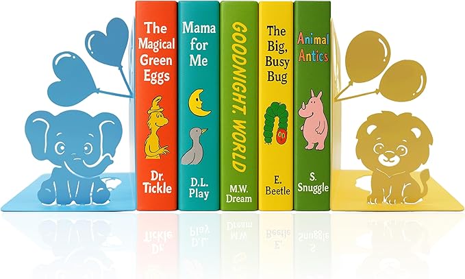 Animal Bookends – Cute Lion and Elephant Book Ends Decorative for Shelves, Safari Nursery Decor Kids Bookends, Unique Novelty Book Holders Heavy Duty Book Stopper for Home Bookshelf Decor