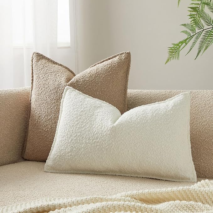 JUSPURBET White Decorative Pillow Covers 14x24 Set of 2 Throw Pillow Covers for Couch Sofa Bed Cozy Boucle Textured Lumbar Cushion Covers Cases with Hidden Zipper for Living Room Home Decor