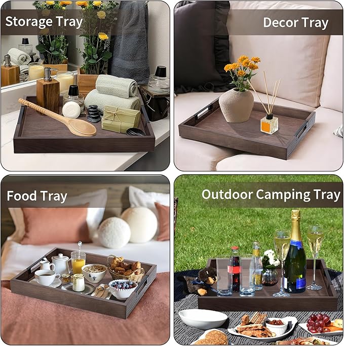 Large Rectangular Ottoman Tray for Living Room,Solid Wood Brown Coffee Table Trays 17x13 Inch Decorative Storage Acacia Wood Serving Tray with Handles for Breakfast in Bed, Dinner Food Kitchen-Natural