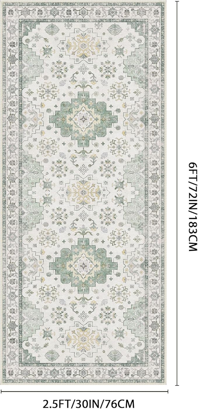 GENIMO 2'6''X6 Area Rugs for Living Room,Machine Washable Non-Slip Vintage Rug, Low Pile Lightweight Carpet for Bedroom, Dining Room, Home Office, Stain & Fade Resistant,Green
