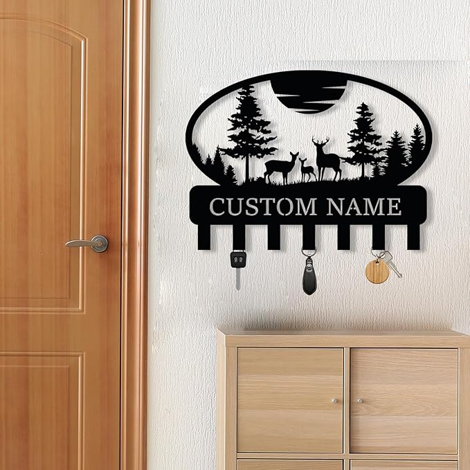 Personalized Metal Key Holder for Wall, Custom Metal Deer Cabin Key Hooks with Name, Name Letter Wall Decoration Key Hooks, Farmhouse Deer Sign, Key Rack for Kitchen, Key Organizer for Cabin Home Gift