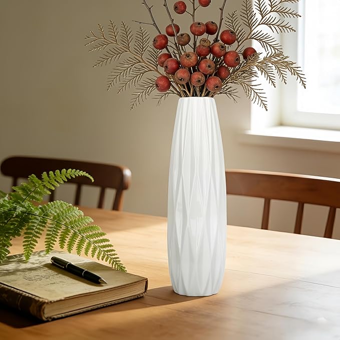 12 Inch White Vase Ceramic Flower Vase, Tall Vases for Pampas Grass, Home Decor, Modern Textured Vases for Living Room Decorations,Table Centerpieces,Shelf,Farmhouse Small Ceramic Vase