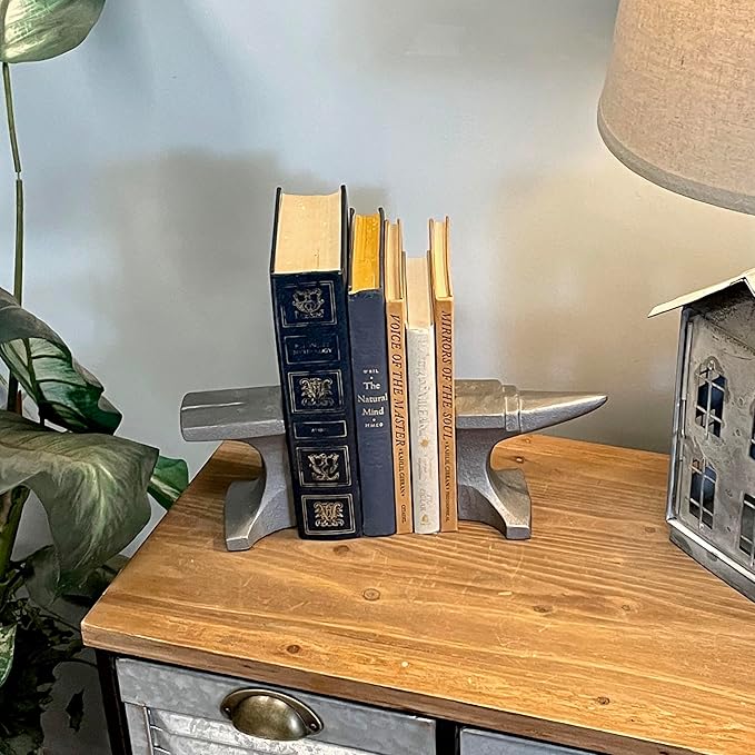 Cast Iron Anvil Bookends Set of 2-8" L x 4.5" H x 3.25" D - Rustic Grey Book Holders for Home or Office Décor - Industrial Metalwork Decoration