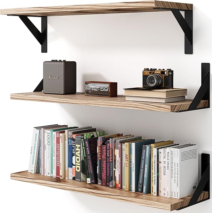 Floating Shelves for Wall, Wall Mount Book Shelf, Hanging Shelves, Wall Bookshelf for Bedroom, Office, Living Room (Light Brown, 17 Inches)