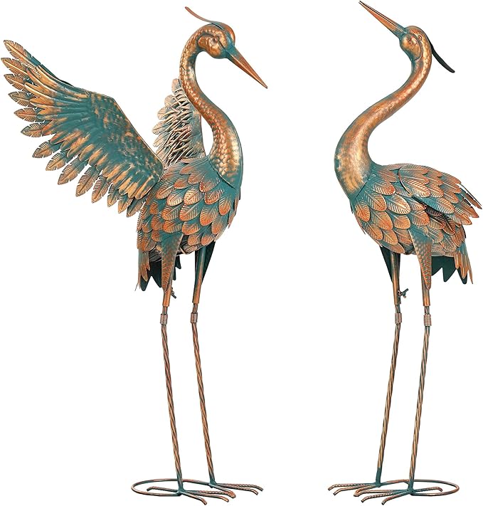 Extra-Large 36.8" Metal Crane Garden Statue, Handcrafted Blue Heron Decor Sculptures with Stable U-Ground Stakes, Backyard Decoration, Metal Garden Bird Animal Yard Art, Lawn Ornament Decor