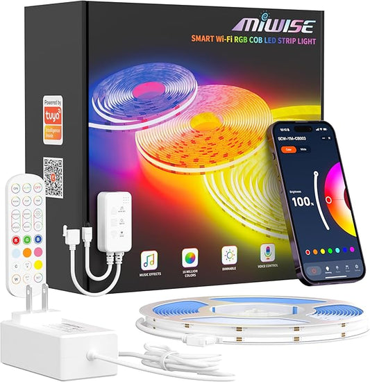MIWISE RGB COB LED Strip Light,Color Changing LED Strip Lights Compatible with Alexa/Google,24V Music Sync Bright Flexible LED Tape Lighting for Bedroom,Kitchen,Bar,Under Cabinets,DIY Decoration,20ft