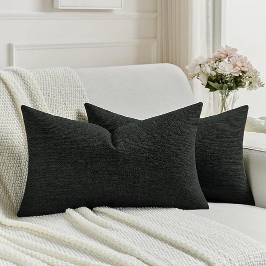 FUTEI Black Chenille Decorative Throw Pillow Covers 12x20 Inch Set of 2,Soft Cozy Faux Linen Textured Lumbar Pillow Cases,Farmhouse Home Decor for Couch Living Room