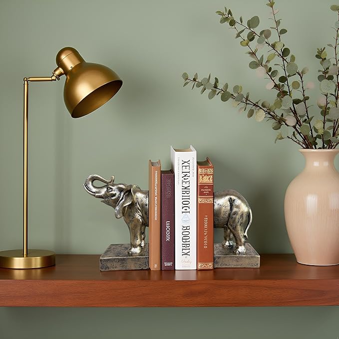 Elephant Bookends Set of 2 – Vintage Resin Animal Sculpture Book Stoppers, Heavy Duty Decorative Book Ends for Home Office Bookshelf