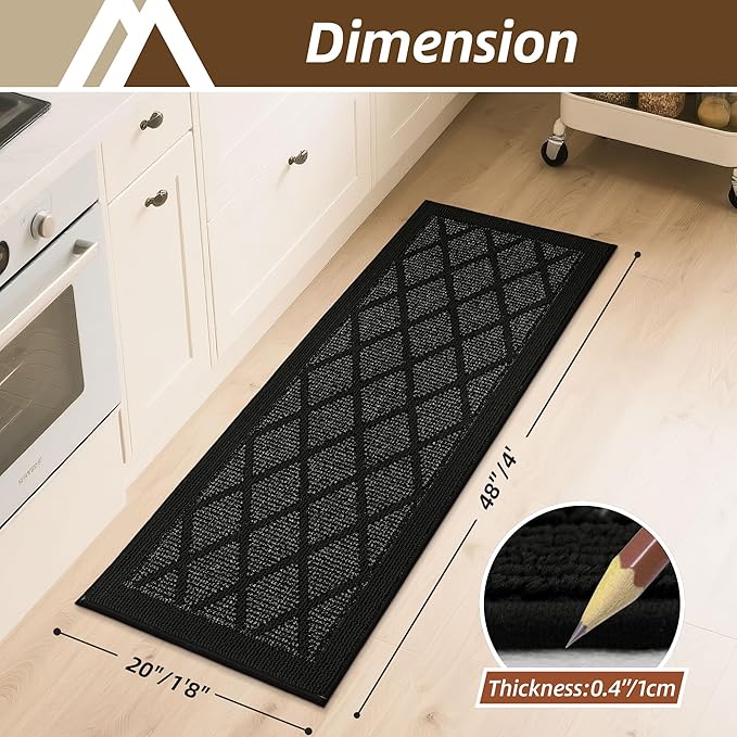 COSY HOMEER Kitchen Rug Non Slip Washable, 20"x48" Absorbent Kitchen Mats for Floor, Runner Rugs for Kitchen Floor, 100% Polypropylene Kitchen Sink Rug (Black)