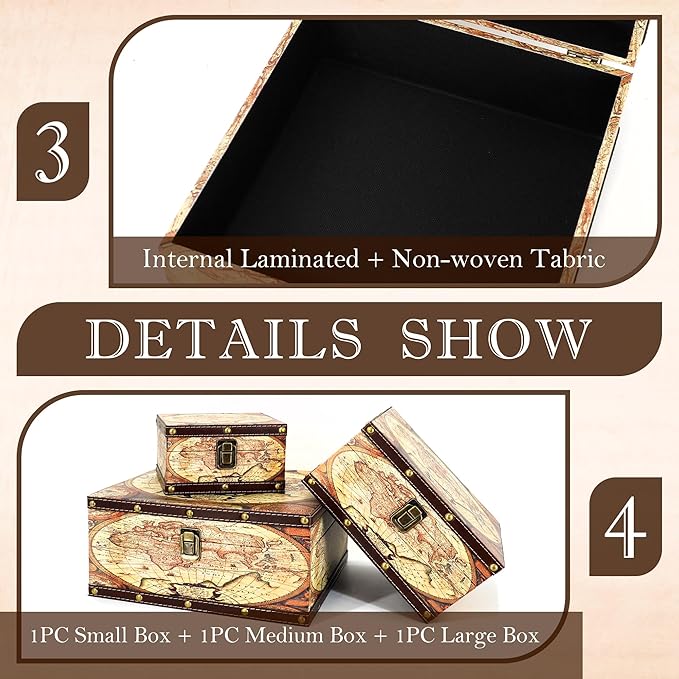 Jolitac Wooden Storage Box Set of 3, Antique-Looking Storage Containers with Secret Compartments Vintage Nesting Keepsake Chests for Jewelry, Cash, Photos Travel-Friendly & Stackable (Map)
