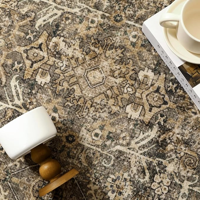 PureCozy Vintage Area Rug 3x4 Brown Entryway Office Washable Carpet Non Slip Bedroom Indoor Living Room Door Mat Low Pile Traditional Distressed Retro Accent Rug for Dining Room Bathroom Kitchen