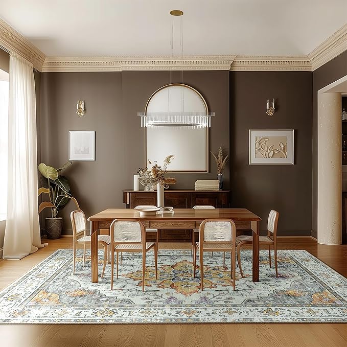 RELEANY Area Rugs 6'x9' Washable Non-Slip, Floral Vintage Distress Print Pattern Medallion Carpet for Living Room Bedroom Dining Room, Light Yellow Carbon Grey Orange