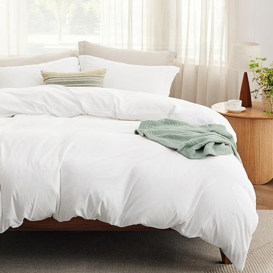 Bedsure Duvet Cover Queen Size with Fitted Sheet - 4 Pieces Prewashed Cotton-Like Extra Soft Bedding Set, Includes 1 Duvet Cover 90x90 Inches with Zipper Closure, 2 Pillow Shams, 1 Fitted Sheet, White
