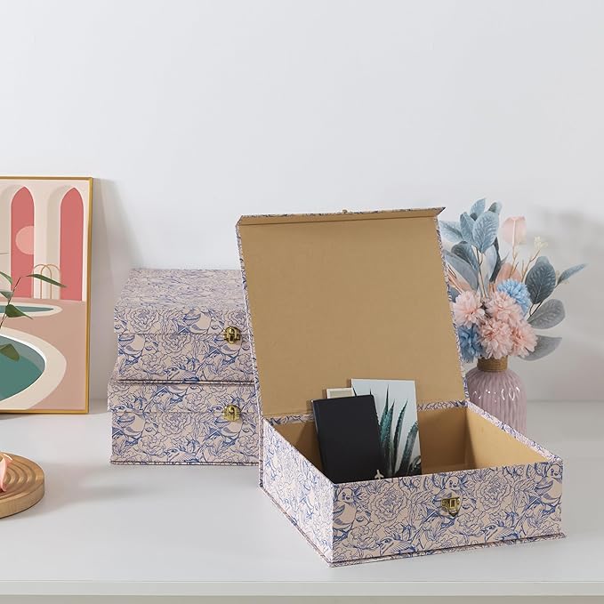 Soul & Lane Blue and White Floral Cardboard Decorative Storage Boxes with Gold Hardware - Set of 3, Aviary Garden - Stacking Boxes with Lids for Home Decor and Organizing, Elegant Design