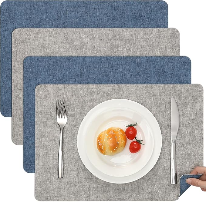 Myir JUN Reversible Vinyl Placemats Set of 4, Faux Leather Place Mats Dual Sided Waterproof Wipeable, Heat-Resistant Table Mats for Kitchen Dining Indoor Outdoor (12" x 17", Light Gray Navy Blue)