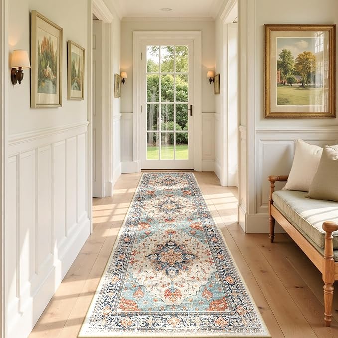 RELEANY Area Rugs 2'x7' Washable Non-Slip, Floral Vintage Distress Print Pattern Medallion Carpet for Living Room Bedroom Dining Room, Beige Navy Blue Orange Colorful