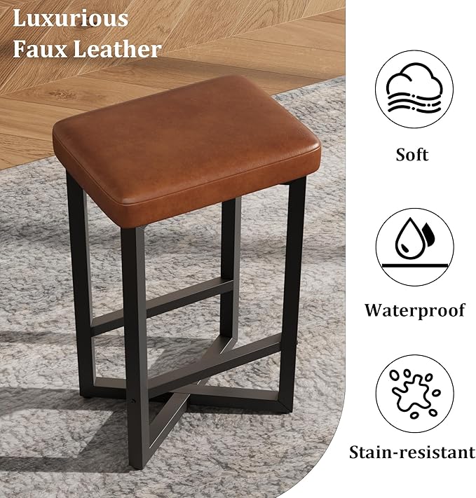 IDEALHOUSE Bar Stools Set of 4, 24.6" Counter Height Backless Barstools, Upholstered PU Leather Seats with Metal X-Frame & Footrest, Modern Kitchen Stools for Home Bar, Dining Room, Brown
