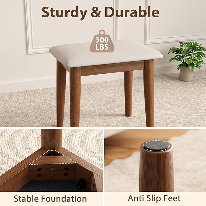 Solid Wood Foot Stool, Upholstered Ottoman Foot Rest for Couch, Padded Footstool, Leg Rest for Chair, Small Bench for Entryway, Cushioned Vanity Stool for Bedroom, Living Room, Walnut