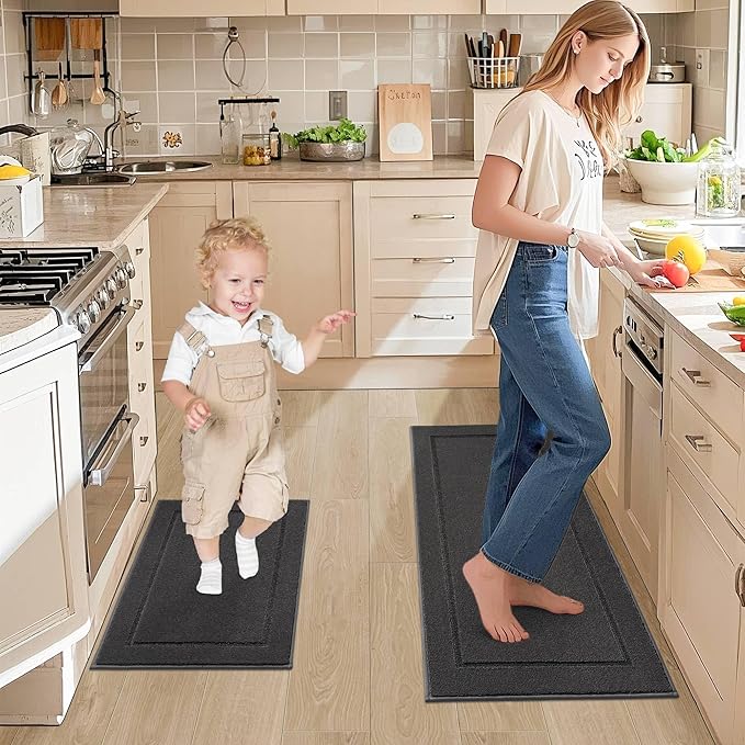 JSEI Non-Slip Kitchen Mats, Self Adhesive No Sliding Kitchen Rugs Set of 2, Washable Absorbent Floor Mat for Kitchen, Bathroom, Laundry Room, Bedroom, 20”x32”+32”x48”, Dark Grey, Rectangular Pattern