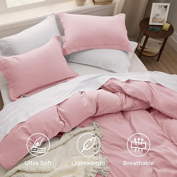 Bedsure Pink Duvet Cover King Size - 3 Pieces Prewashed Cotton-Like Extra Soft Bedding Set, Includes 1 Duvet Cover 104x90 Inches with Zipper Closure & 2 Pillow Shams, Comforter Not Included