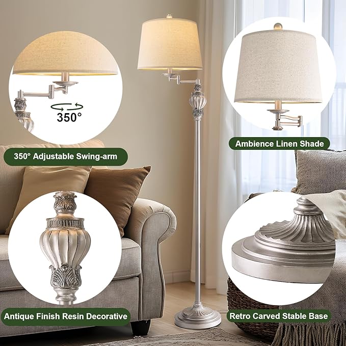 G-SAFAVA 61" Vintage Floor Lamp with 350° Adjustable Swing Arm, Tall lamp Standing Lamp for Living Room Bedside Bedroom Nightstand Retro Farmhouse Mid Century Lamp Light Home Décor Office Gifts