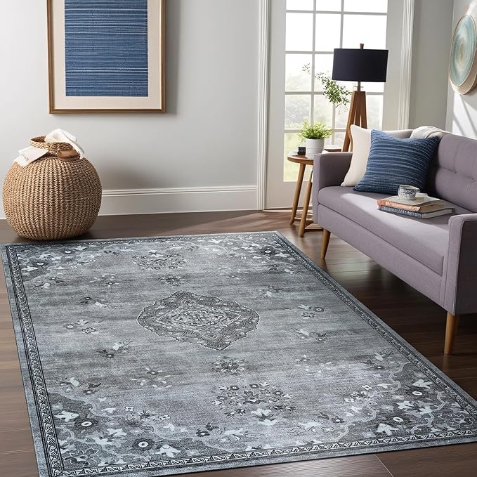 Beverly Rug Non Slip Rugs 6x9 Boho Medallion Floral Non Skid Rubber Backing Easy Silk Soft Area Rug for Living Room Easy to Clean Non Shedding Kitchen Bedroom Indoor Carpet (6 x 9 Gray - Dark Gray)