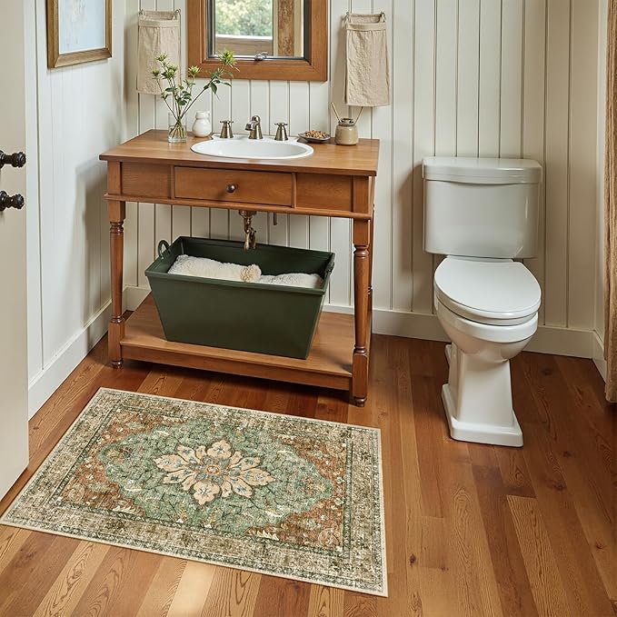 RELEANY Area Rugs 2'x4' Washable Non-Slip, Floral Vintage Distress Print Pattern Medallion Carpet for Living Room Bedroom Dining Room, Brick Red Rust Neutral Brown Burnt Orange Green
