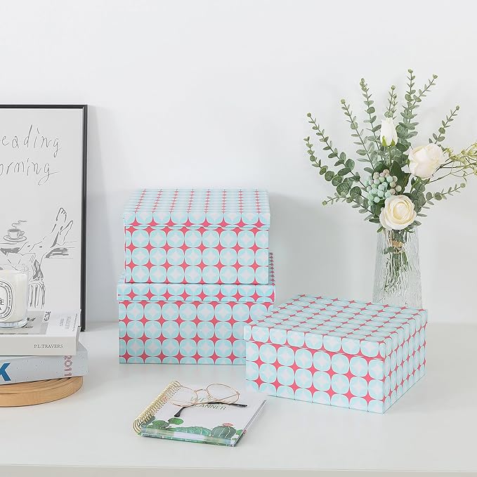 Soul & Lane Set of 3 Decorative Boxes with Lids, Square 11" x 11" Nesting Cardboard Storage for Home Décor in Green and Coral, Keepsake and Memory Boxes for Organizing, Retro Mint